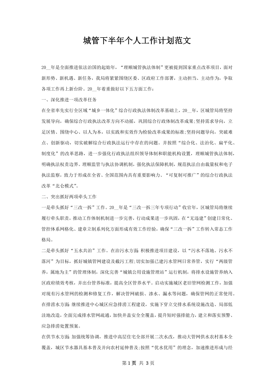 城管下半年个人工作计划范文.docx_第1页