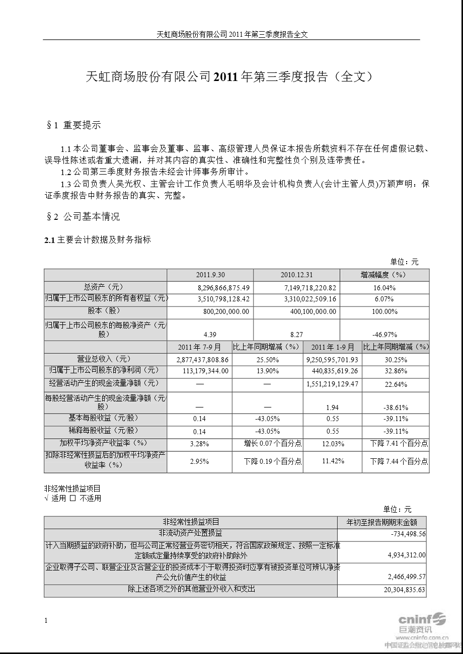 天虹商场：第三季度报告全文.ppt_第1页