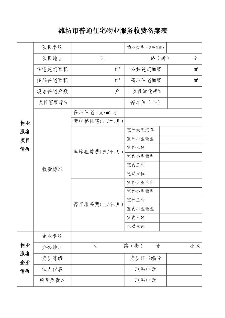 潍坊市普通住宅物业服务收费备案表.doc_第1页