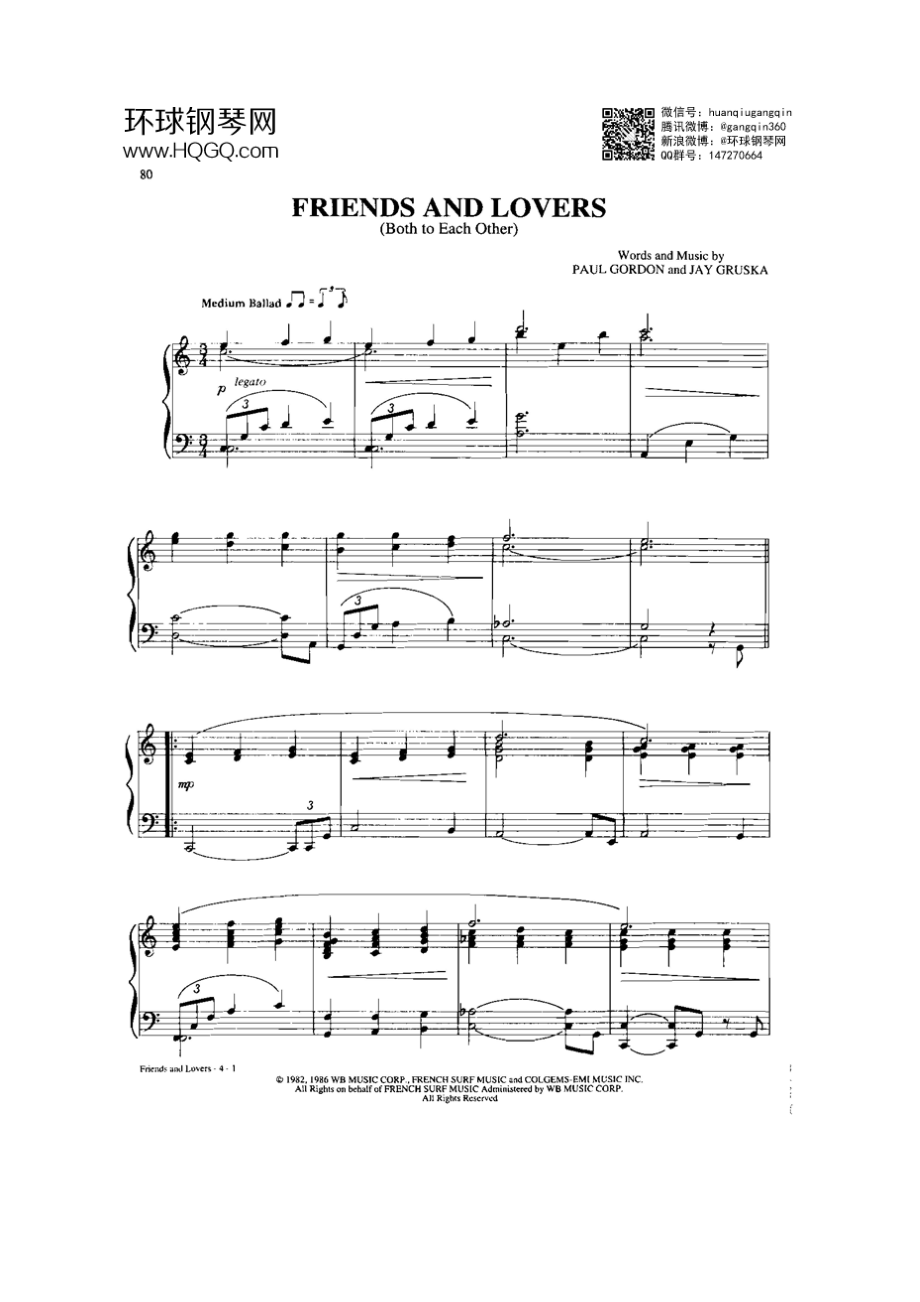 FRIENDS AND LOVERS（选自《77首Dan Coates 流行情调钢琴谱》） 钢琴谱.docx_第1页