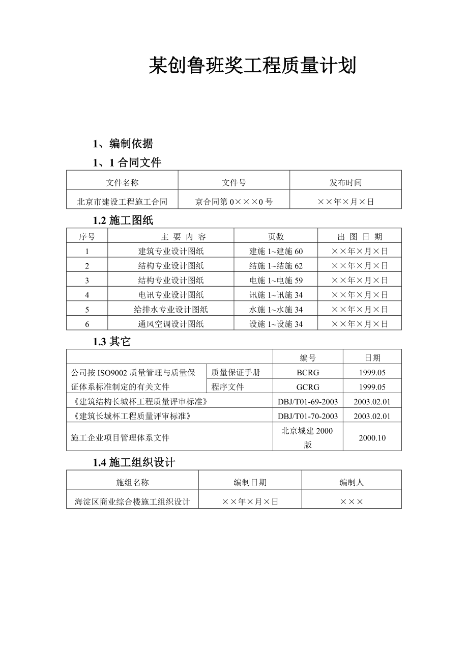 某创鲁班奖工程质量计划.doc_第1页