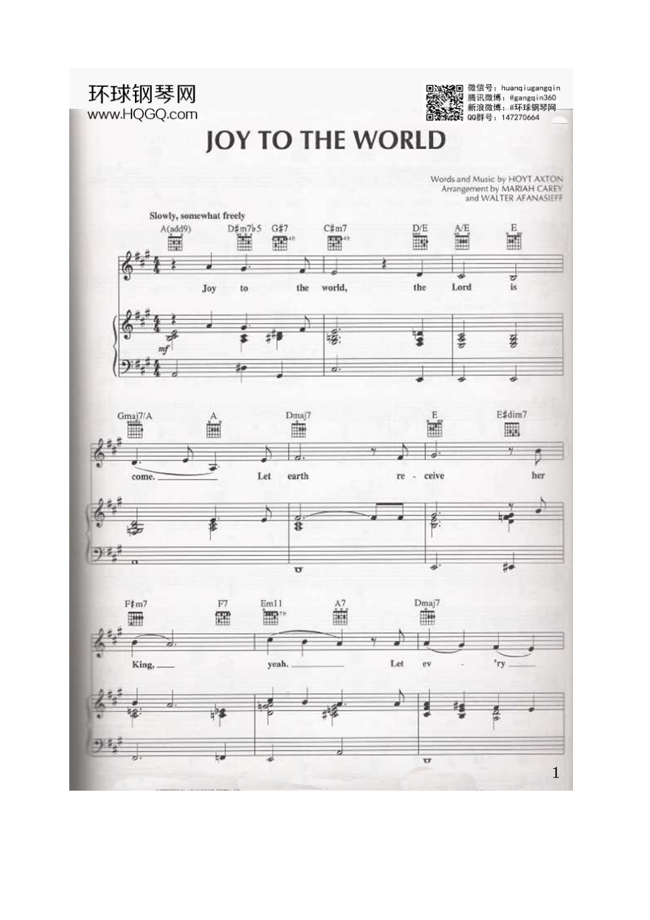 JOY TO THE WORLD（选自《Christmas》专辑弹唱版钢琴谱合集） 钢琴谱.docx_第1页