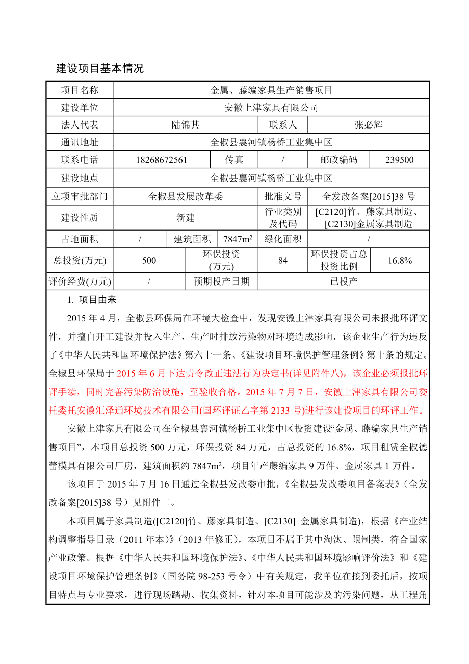 环境影响评价报告公示：《安徽上津家具金属、藤编家具生产销售项目项目环境影响报告书》63.doc环评报告.doc_第1页