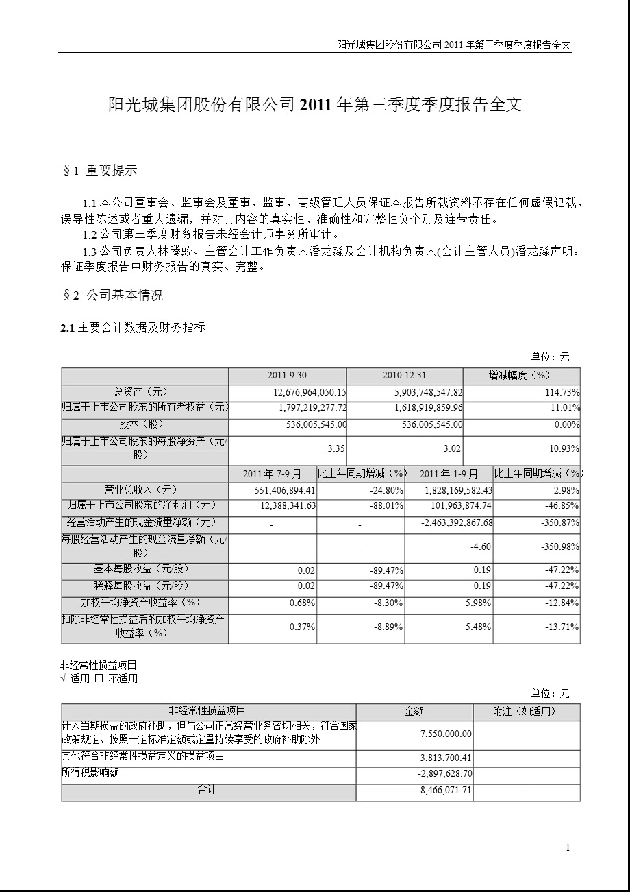 阳 光 城：第三季度报告全文.ppt_第1页