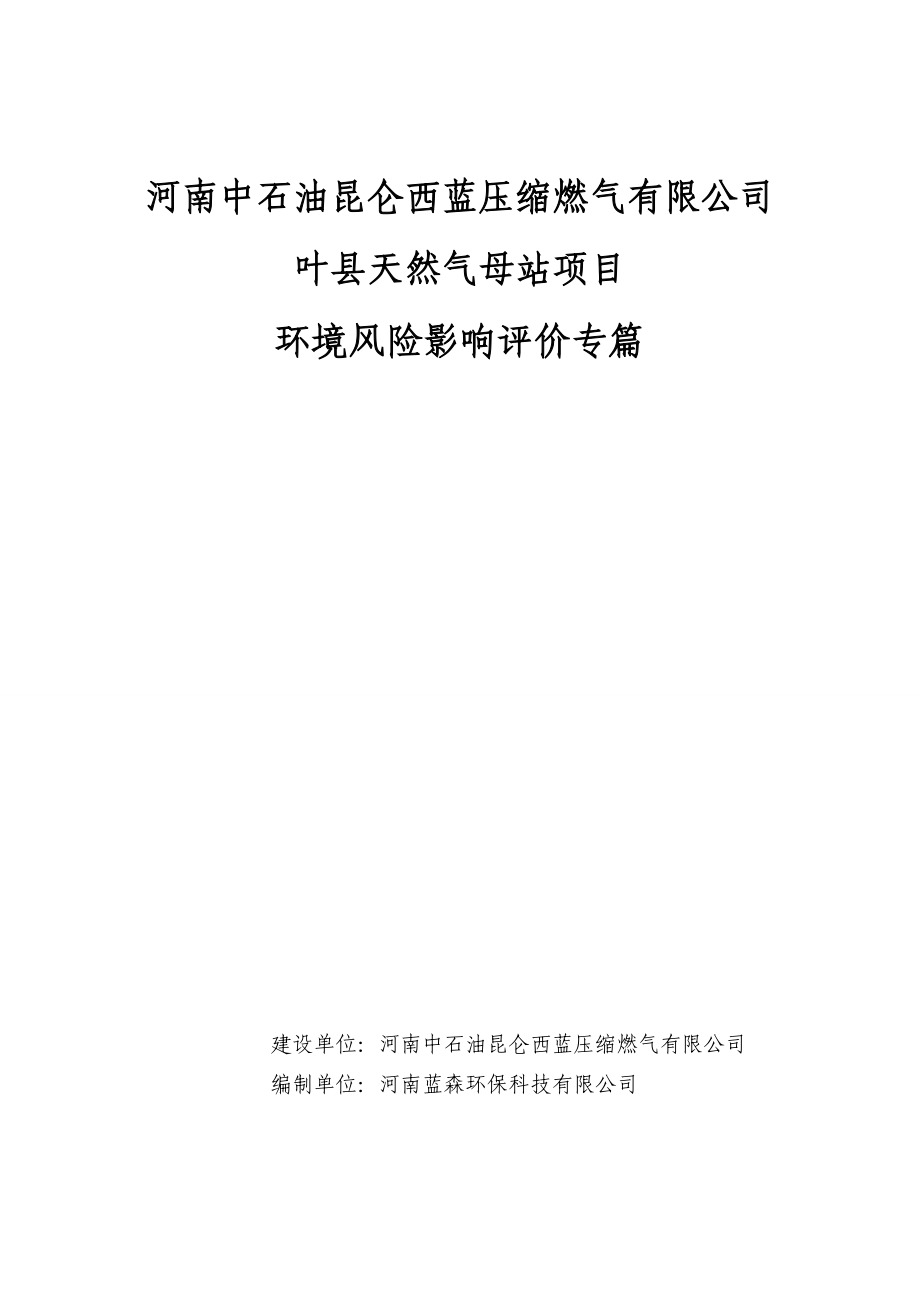 环境影响评价报告公示：叶县天然气母站风险专篇环评报告.doc_第1页