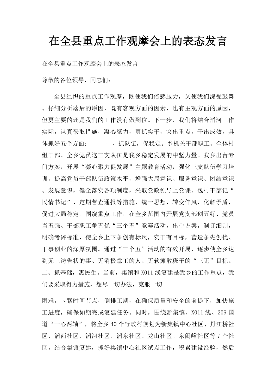 在全县重点工作观摩会上的表态发言.docx_第1页