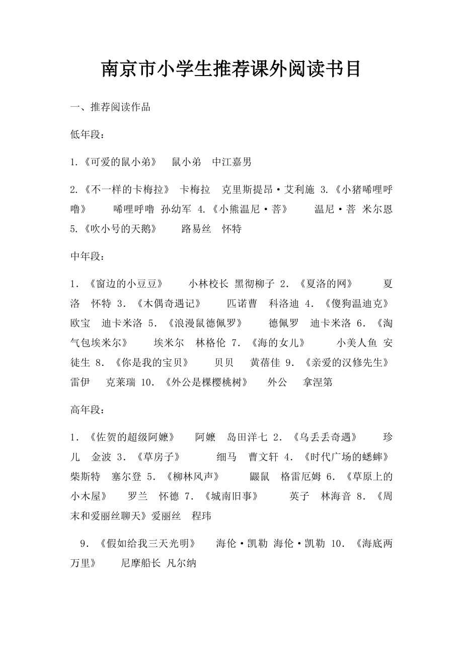 南京市小学生推荐课外阅读书目.docx_第1页
