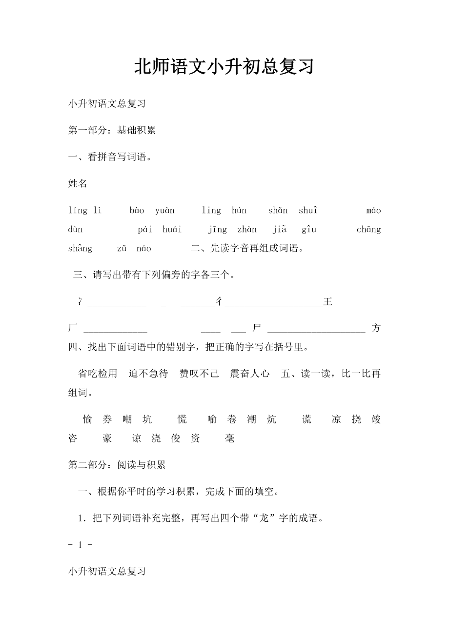 北师语文小升初总复习.docx_第1页