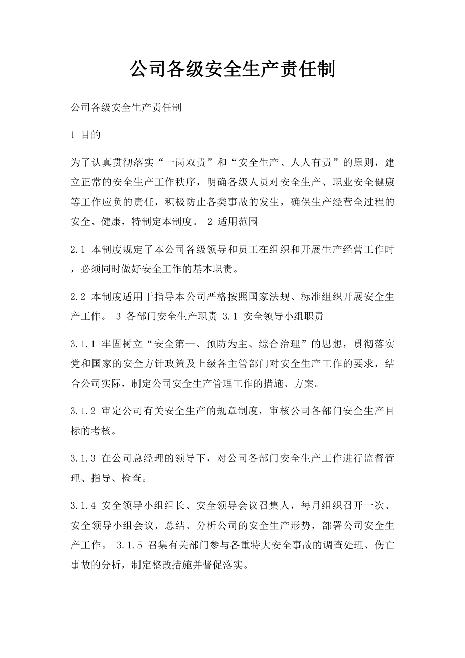 公司各级安全生产责任制.docx_第1页