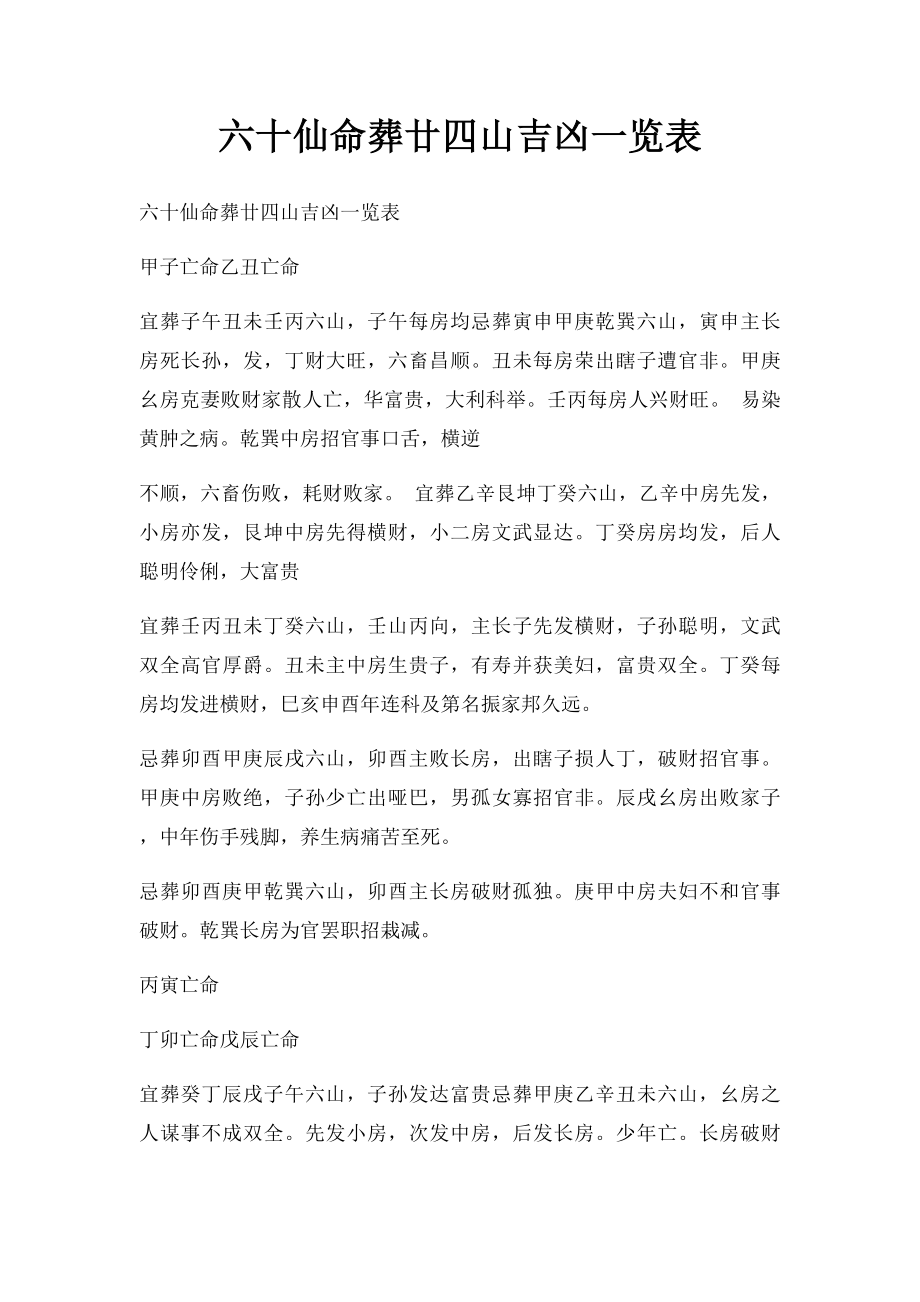 六十仙命葬廿四山吉凶一览表.docx_第1页