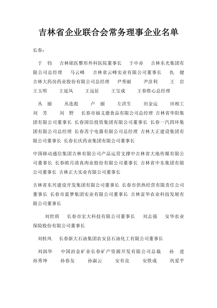 吉林省企业联合会常务理事企业名单.docx_第1页