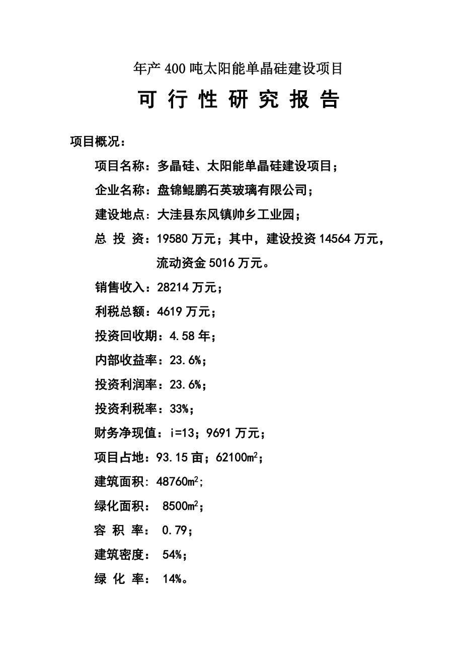 太阳能单晶硅建设项目可行性研究报告.doc_第1页