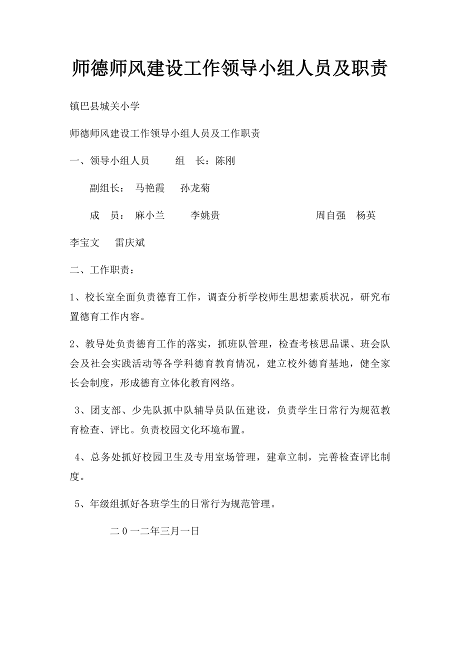 师德师风建设工作领导小组人员及职责.docx_第1页