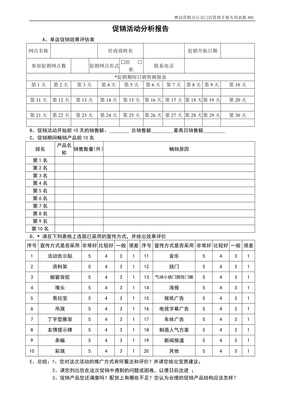 [下载]床上用品行业的终端培训资料门店管理手册促销活动评估表.doc_第1页