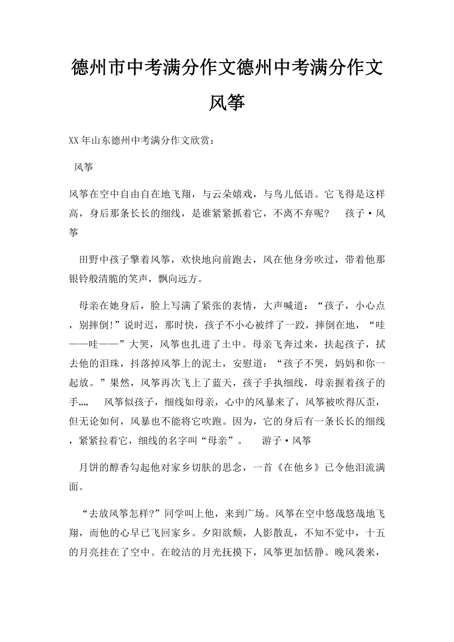 德州市中考满分作文德州中考满分作文 风筝.docx_第1页