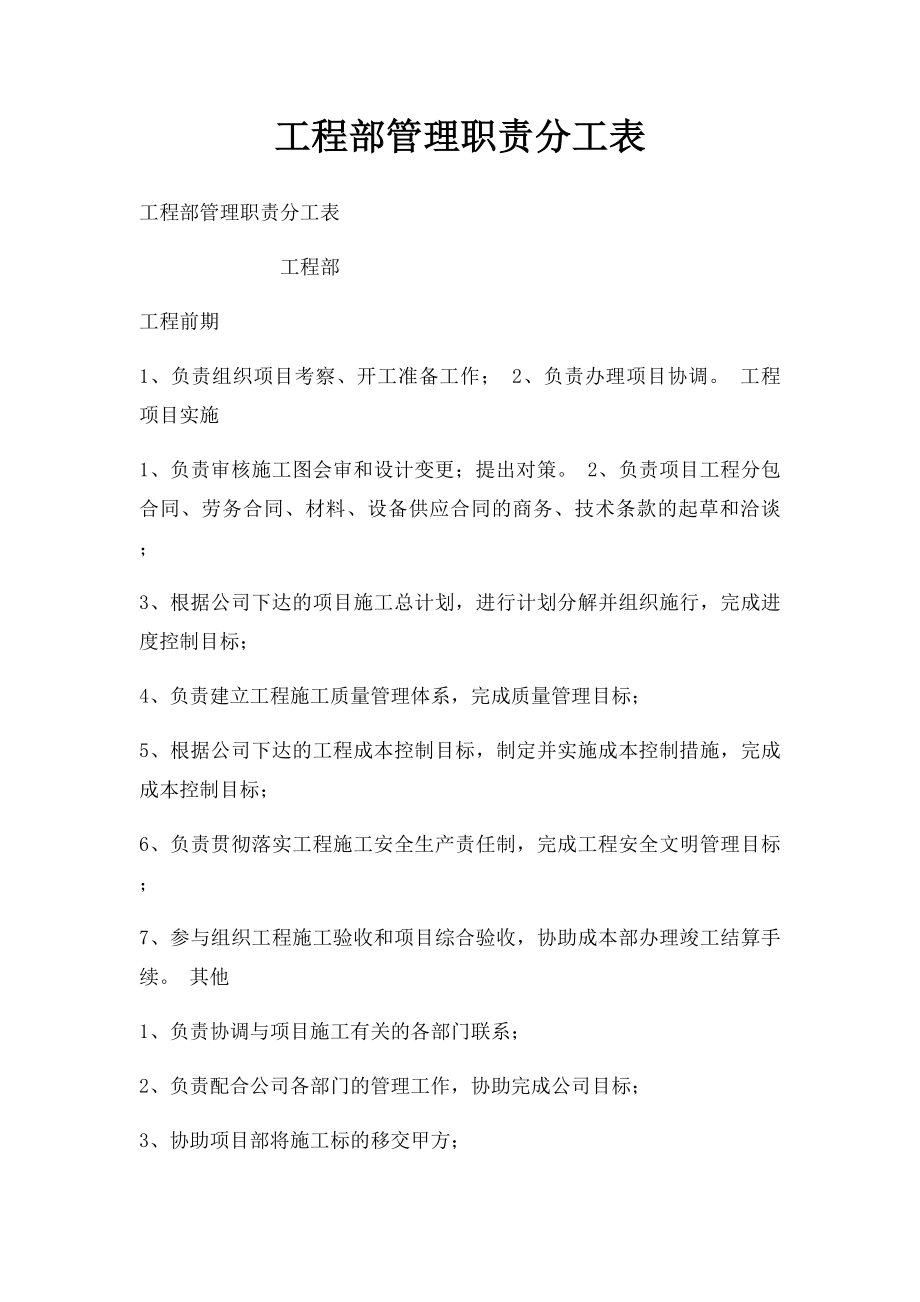 工程部管理职责分工表.docx_第1页