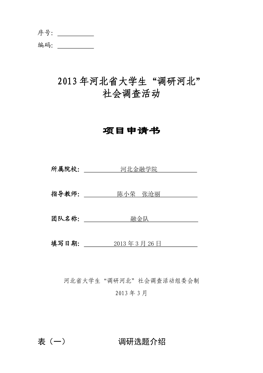 109河北省小微企业融资问题探析大学生社会调查活动项目申请书.doc_第1页