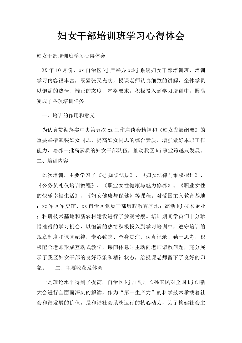 妇女干部培训班学习心得体会.docx_第1页