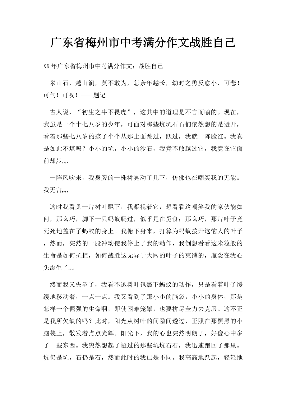 广东省梅州市中考满分作文战胜自己(5).docx_第1页