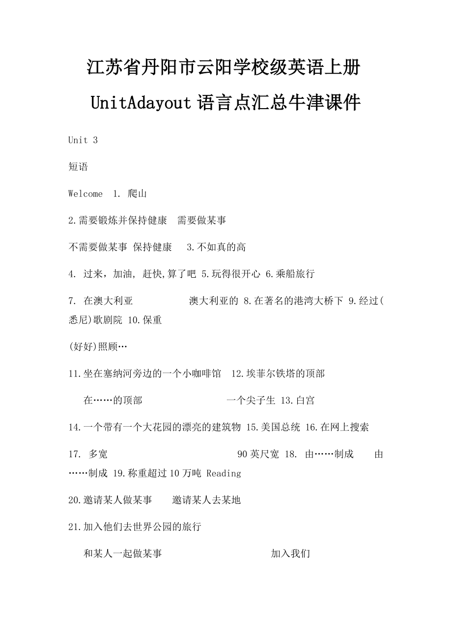 江苏省丹阳市云阳学校级英语上册UnitAdayout语言点汇总牛津课件.docx_第1页