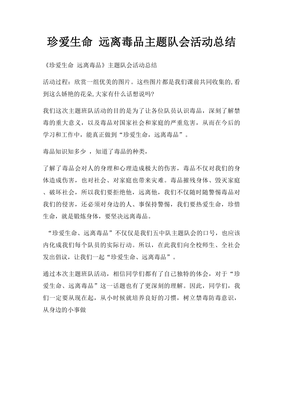 珍爱生命 远离毒品主题队会活动总结.docx_第1页