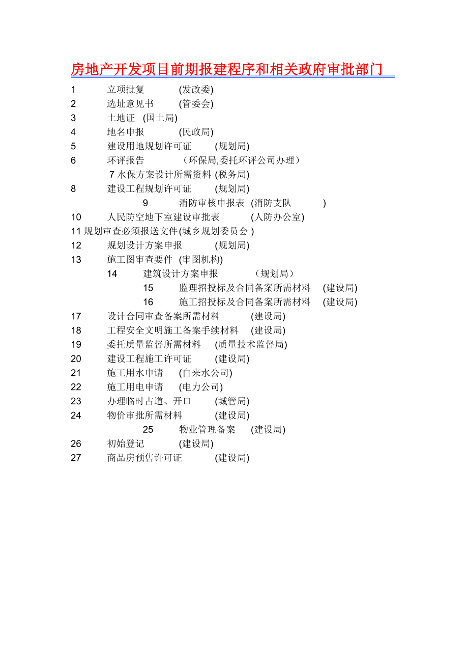 房地产开发整体流程,项目前期报建程序和相关政府审批部门.doc_第1页