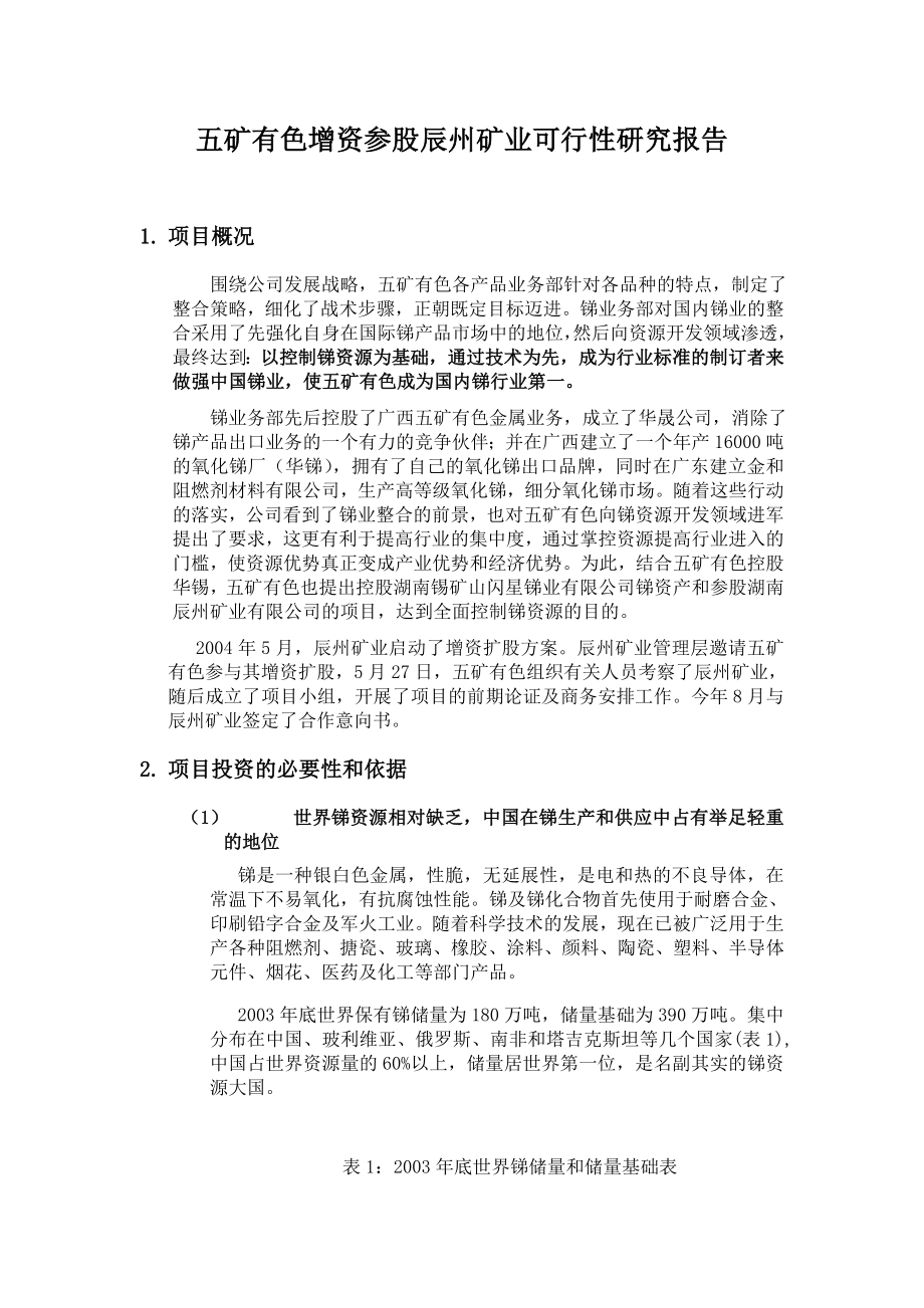 凯捷—五矿有色锑整合项目调查报告—五矿有色参股辰州矿业项目可行性研究报告 041008.doc_第3页