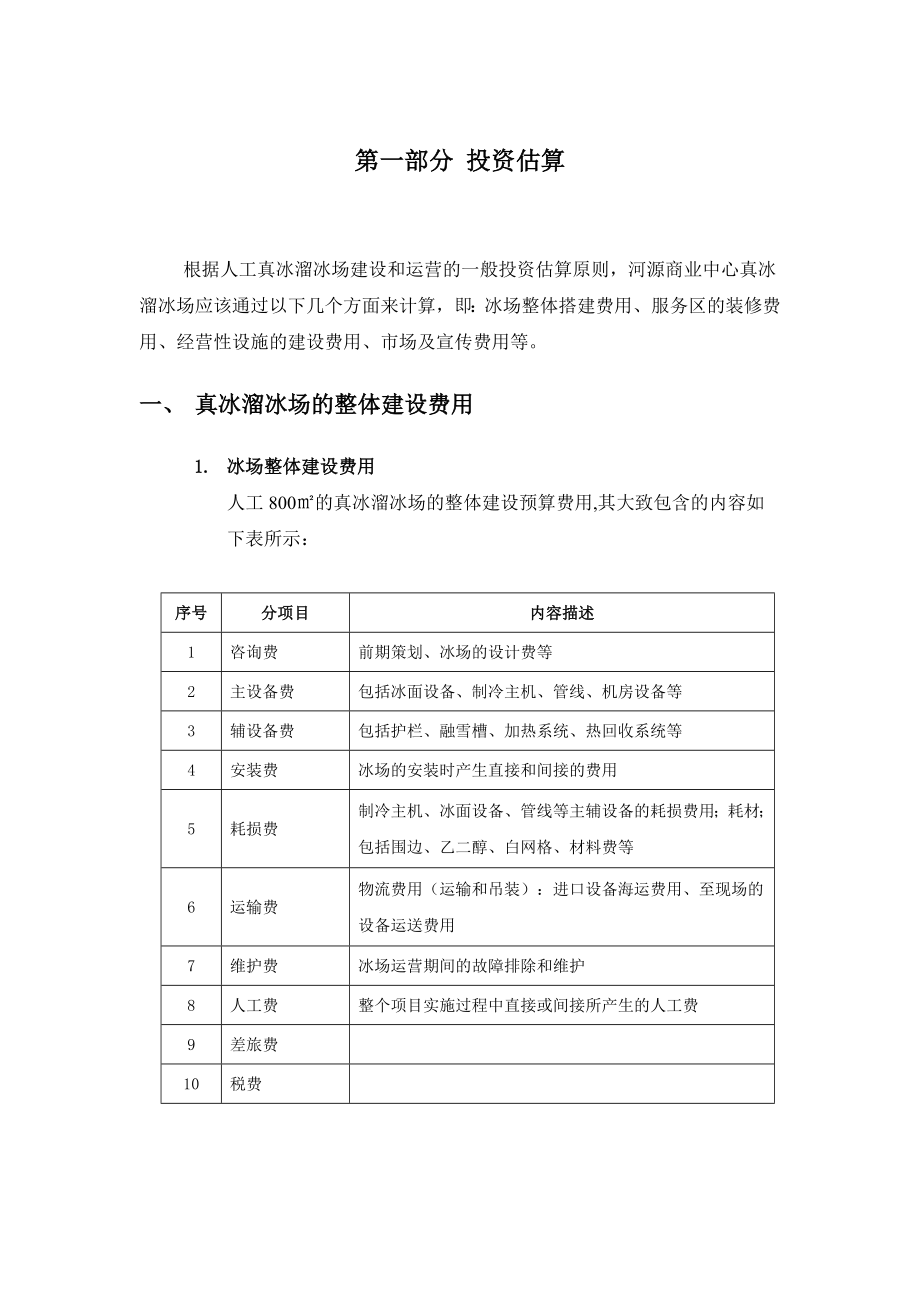 投资测算溜冰场冰场投资估算及运营费用和收益.doc_第1页