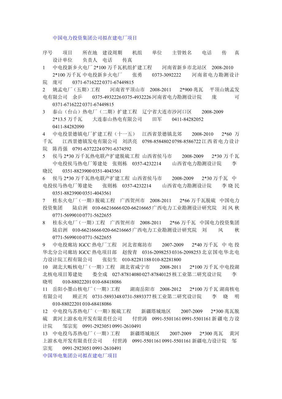 中国五大发电集团及其他拟在建电厂工程项目十一五十二五间（部分.doc_第1页