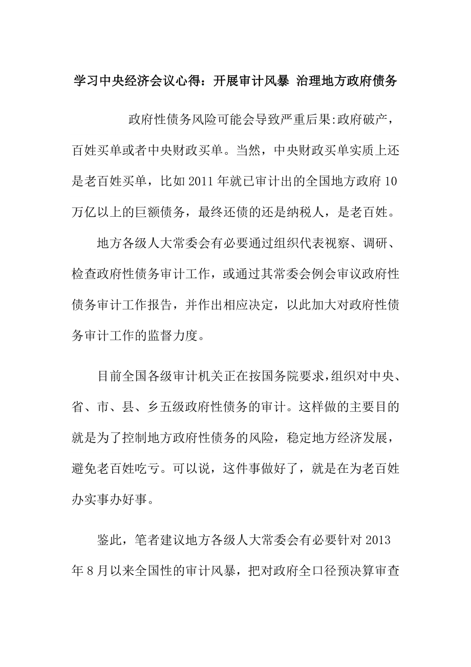 学习中央经济会议心得：开展审计风暴 治理地方政府债务.doc_第1页