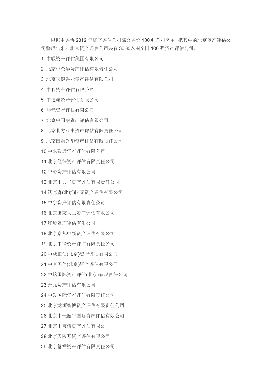 全国100强资产评估公司北京资产评估公司名单.doc_第1页