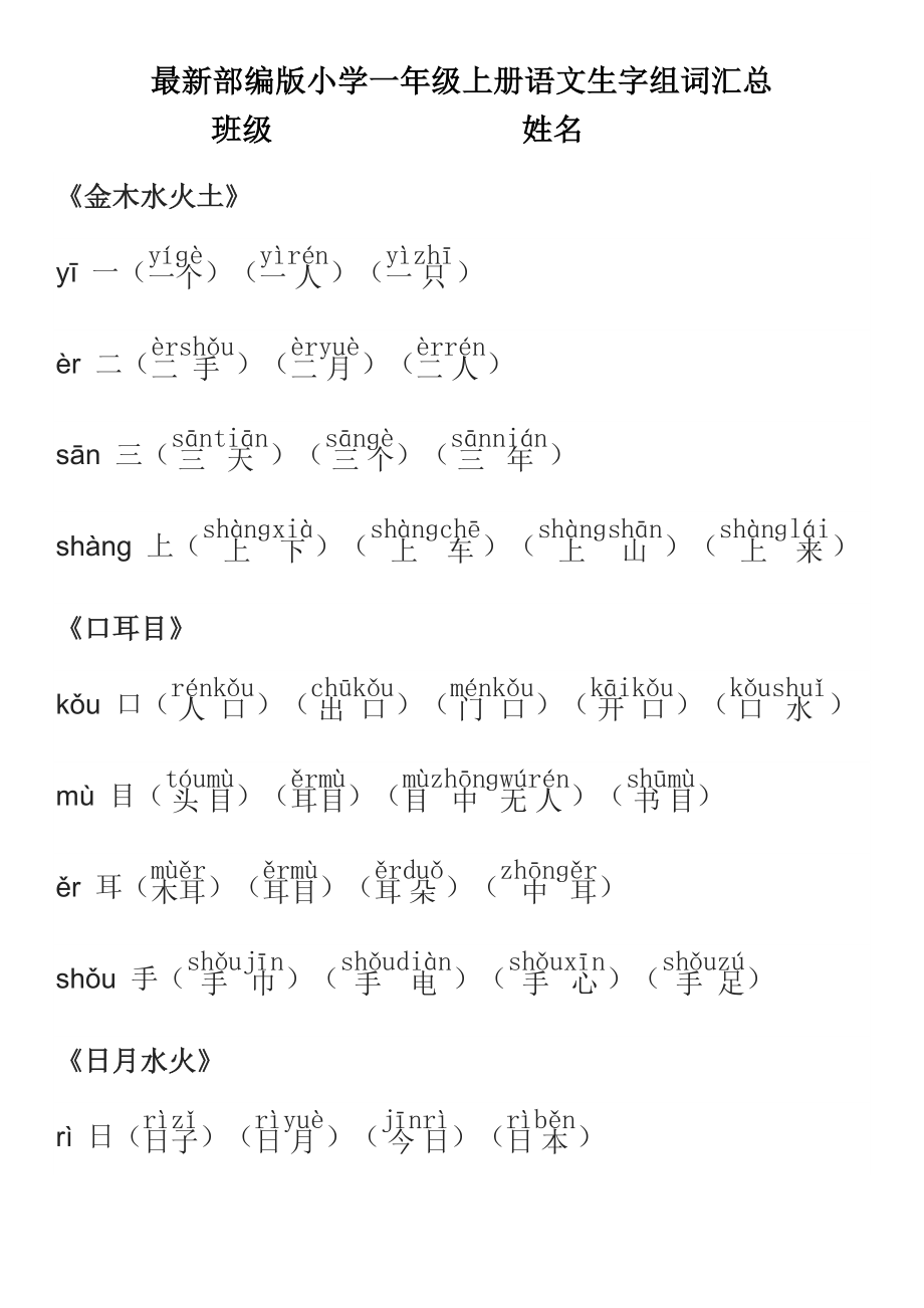 部编版小学一年级上册语文生字组词汇总-(带拼音).doc_第1页