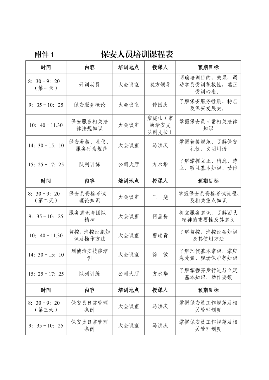 保安培训课程表.doc_第1页