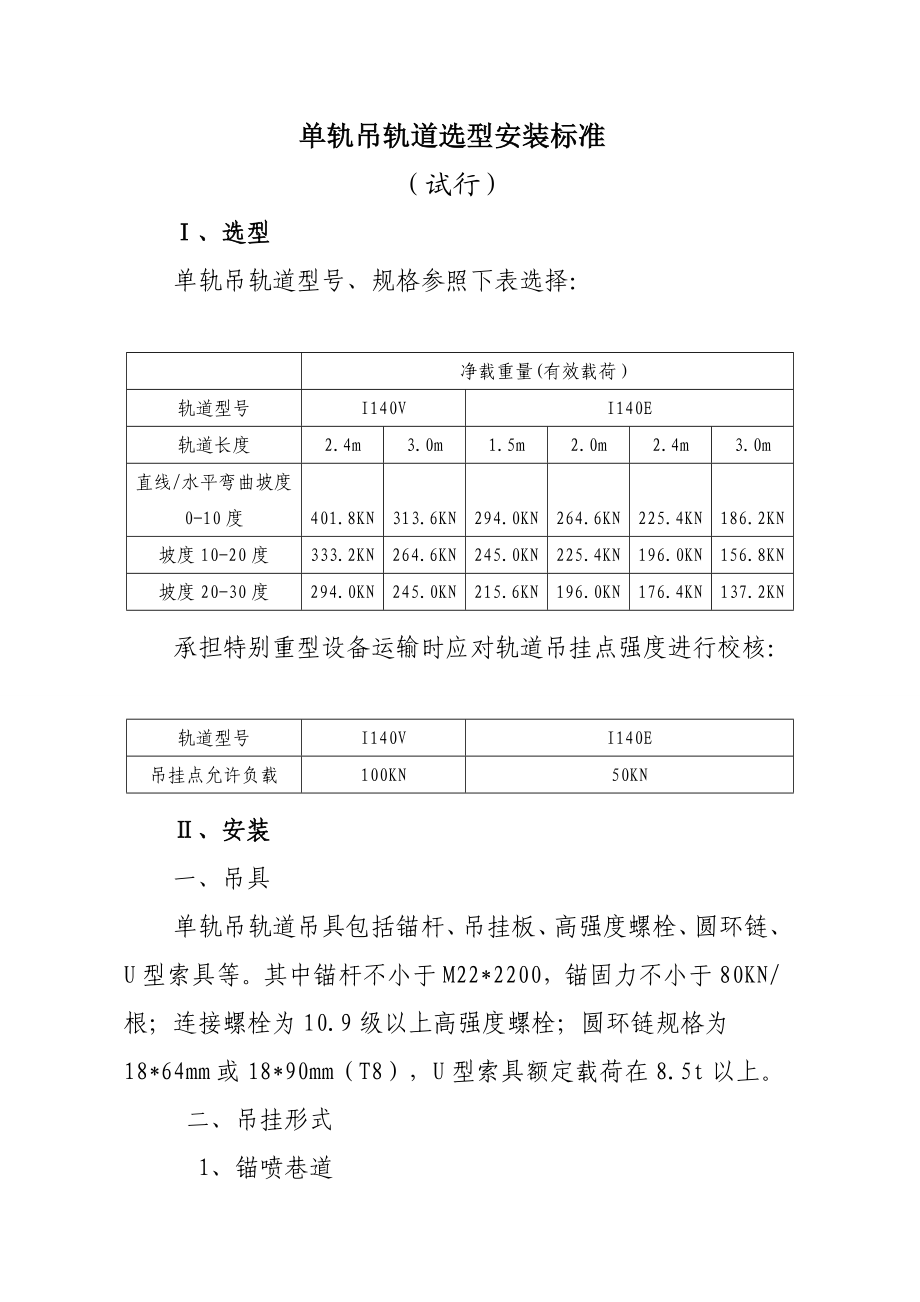 单轨吊轨道选型安装标准资料.doc_第1页