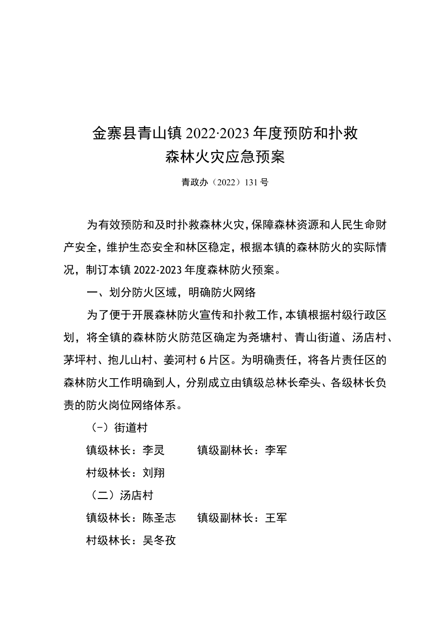 金寨县青山镇2022-2023年度预防和扑救森林火灾应急预案.docx_第1页