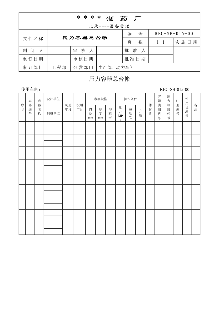 015压力容器台帐[设备管理记录].doc_第1页