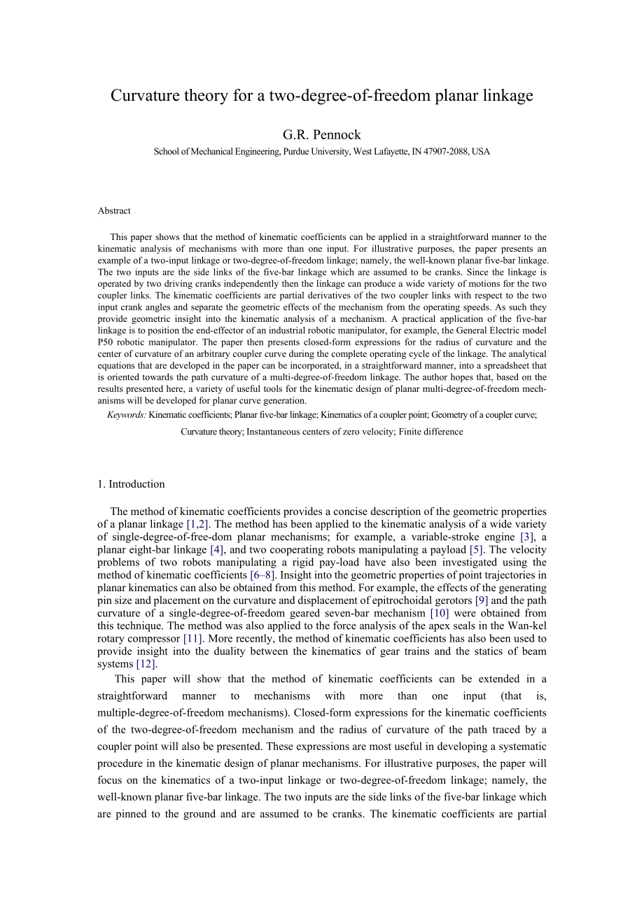 Curvature theory for a twodegreeof freedom planar linkage1.doc_第1页