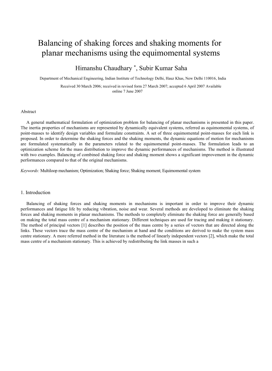 Balancing of shaking forces and shaking moments for planar mechanisms using the equimomental systems.doc_第1页