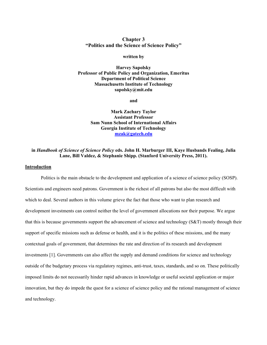 Politics and the Science of Science Policy writtenHarvey Sapolsky Professor of Public Policy and Organization, Emeritus Department of Political Science.doc_第1页