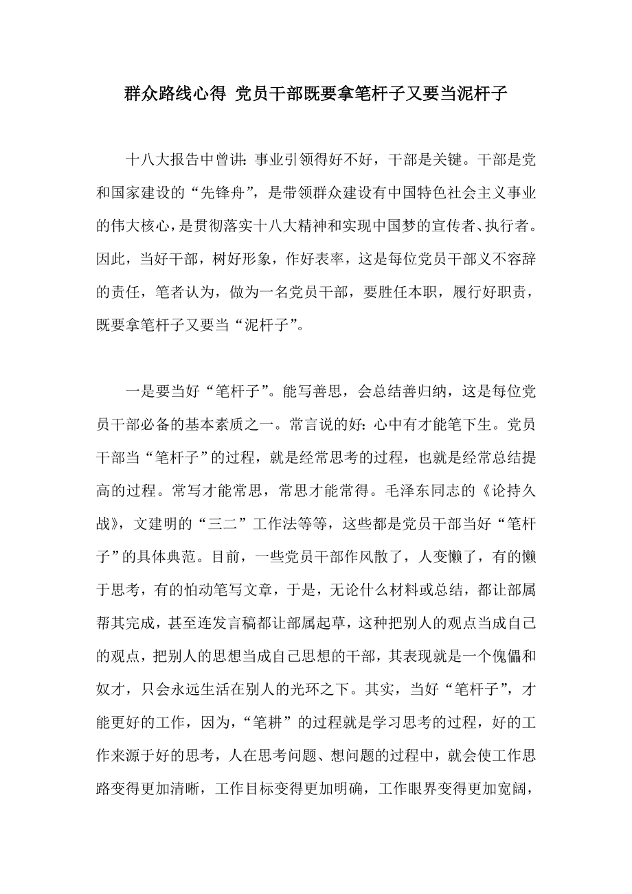 群众路线心得 党员干部既要拿笔杆子又要当泥杆子.doc_第1页