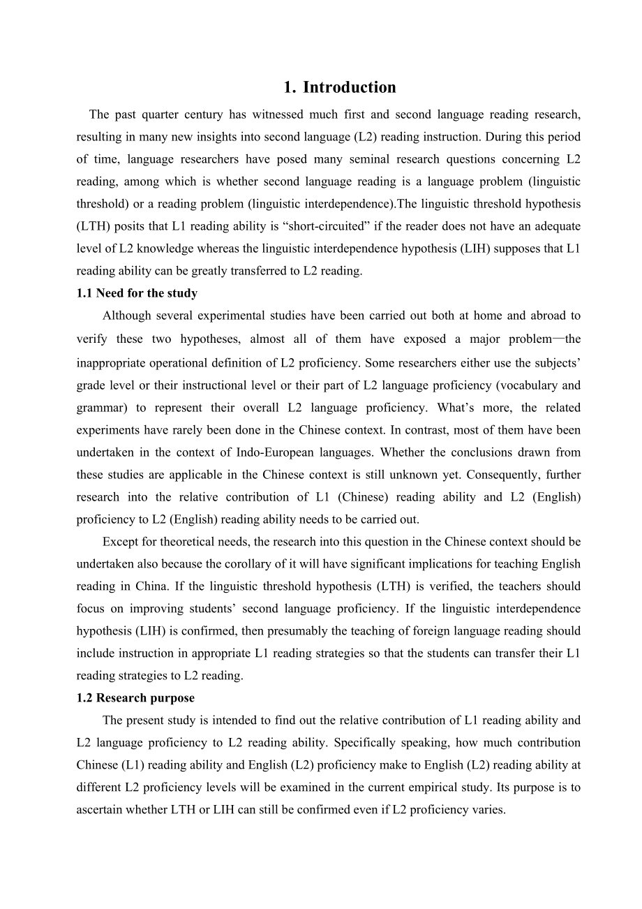 The Relative Contribution of L1 Reading Ability and L2 Proficiency to L2 Reading Ability.doc_第3页