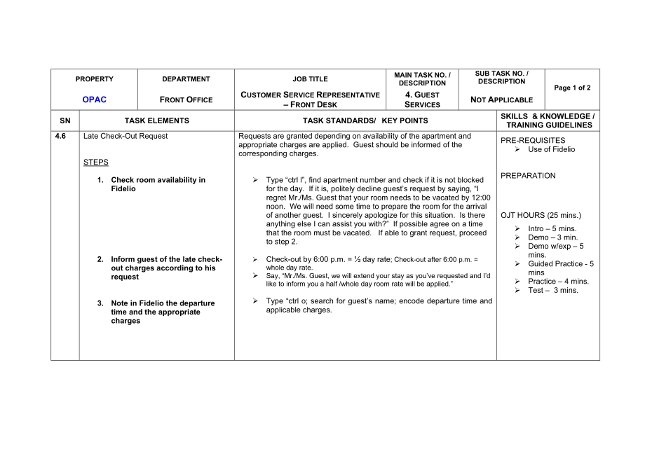 外资酒店前台工作任务分析表4.6 Front Desk (Late Check Out Request)Final Jan 24.doc_第1页