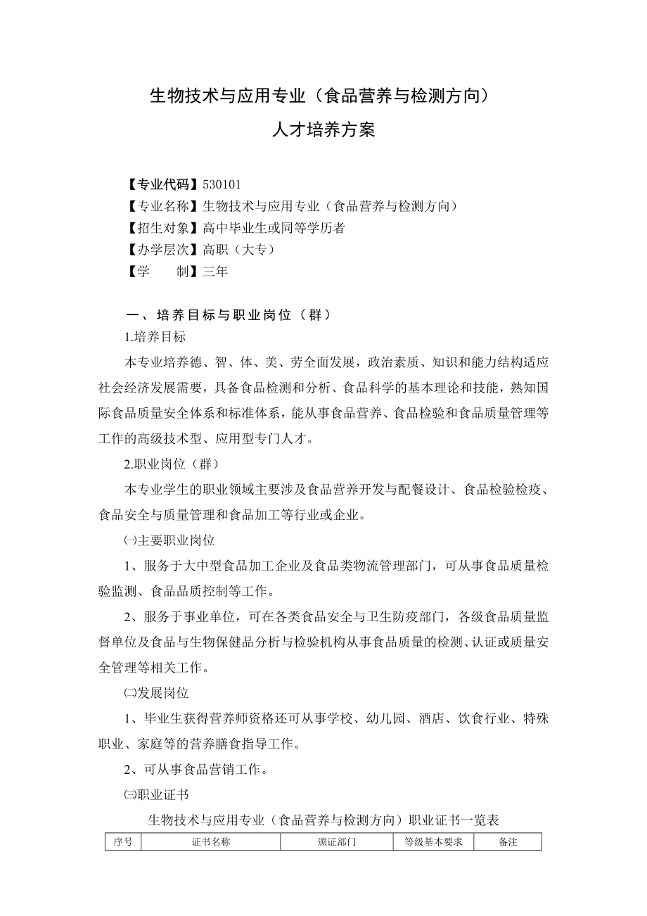 生物技术与应用专业(食品营养与检测方向)人才培养方案.doc_第1页