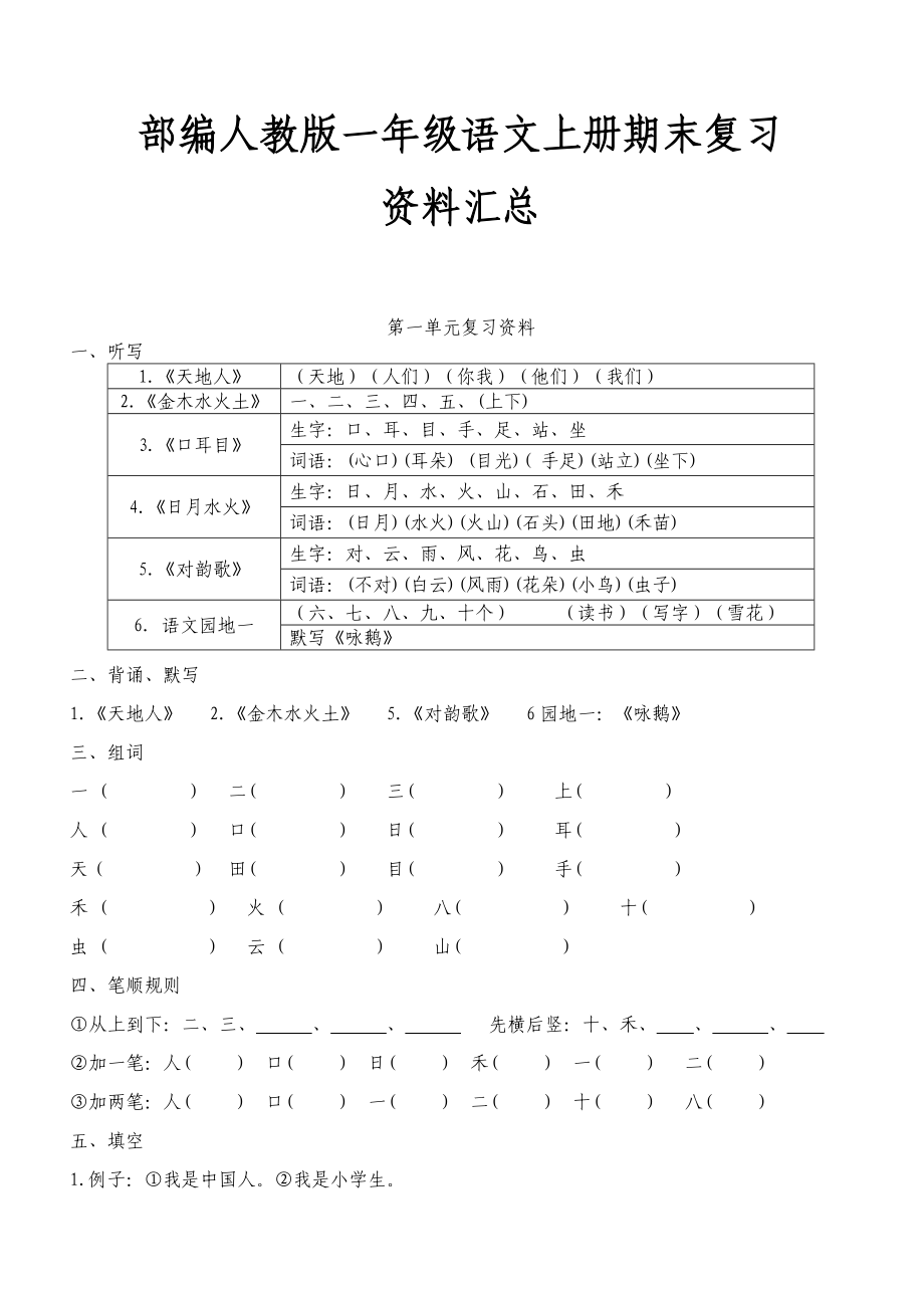 部编人教版一年级语文上册单元总复习资料.doc_第1页