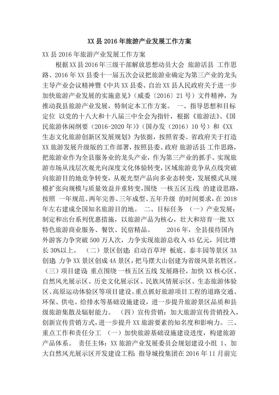 XX县旅游产业发展工作方案(精简篇） .doc_第1页