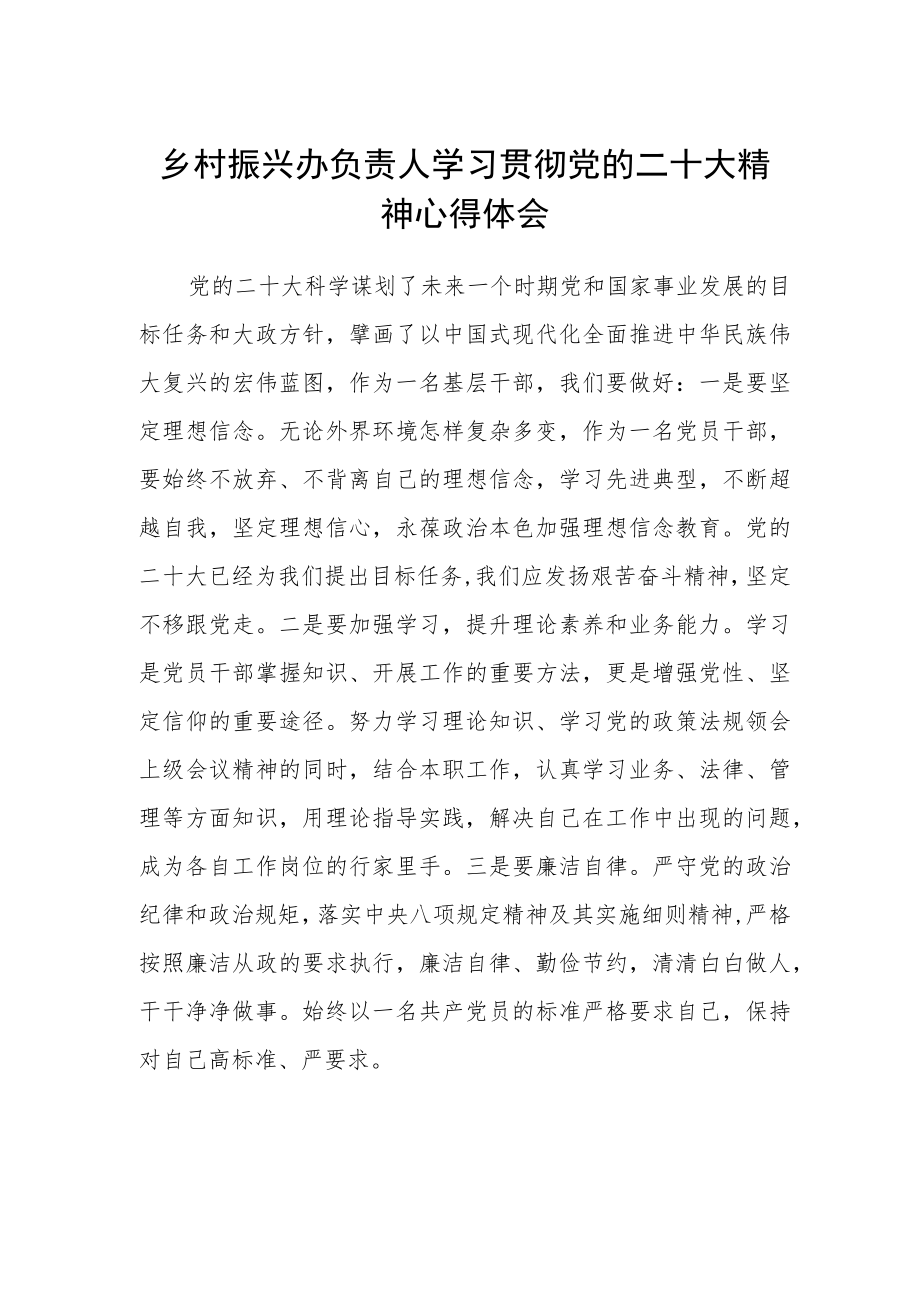 乡村振兴办负责人学习贯彻党的二十大精神心得体会.docx_第1页