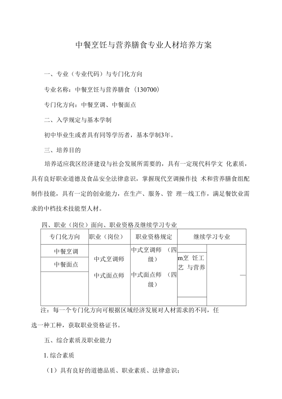 中餐烹饪专业人才培养专题方案.docx_第1页