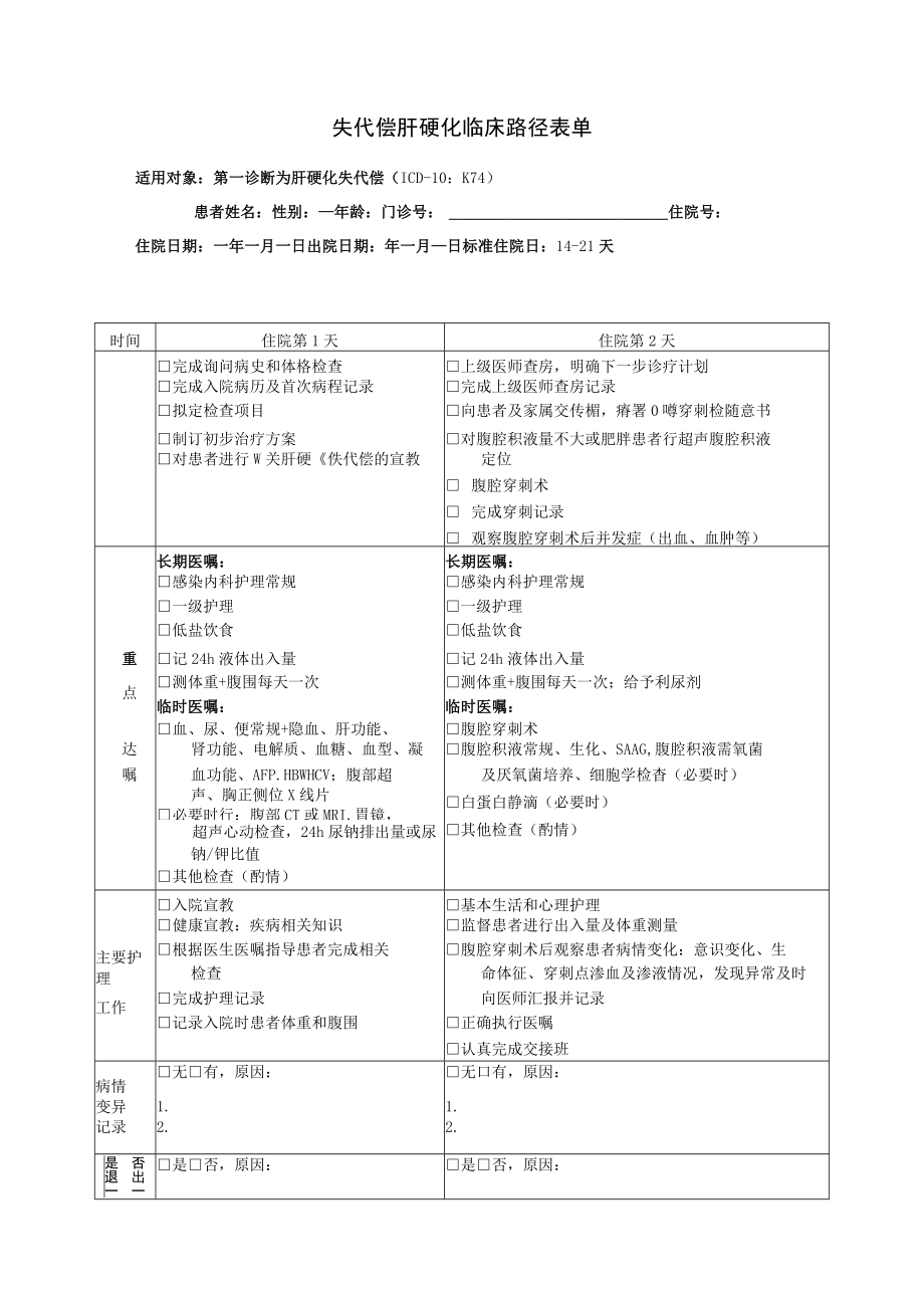 失代偿肝硬化临床路径表单.docx_第1页