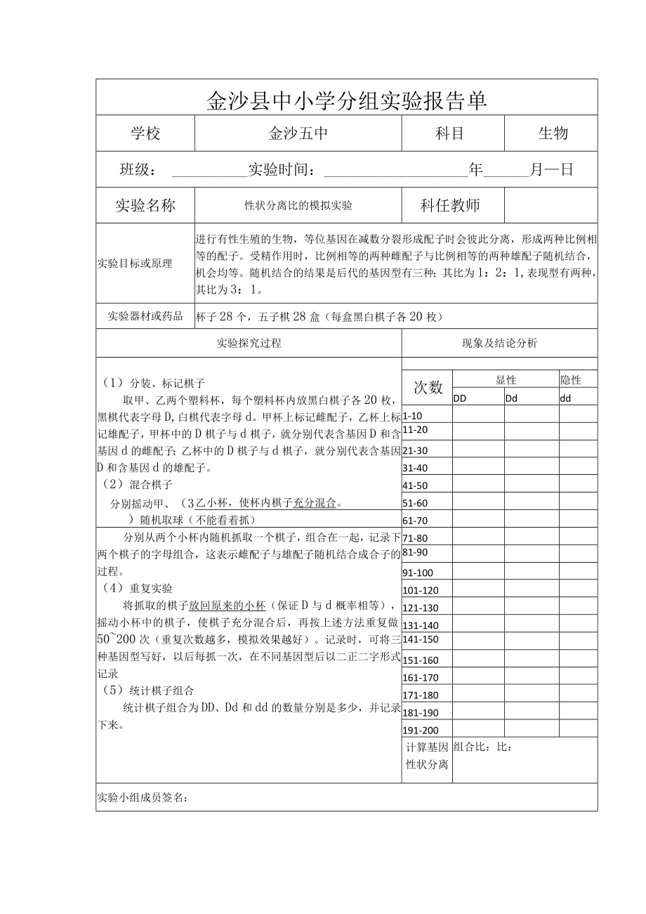 性状分离比的模拟实验报告单.docx_第1页