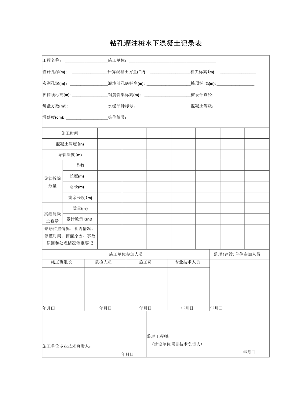 钻孔灌注桩水下混凝土记录表.docx_第1页